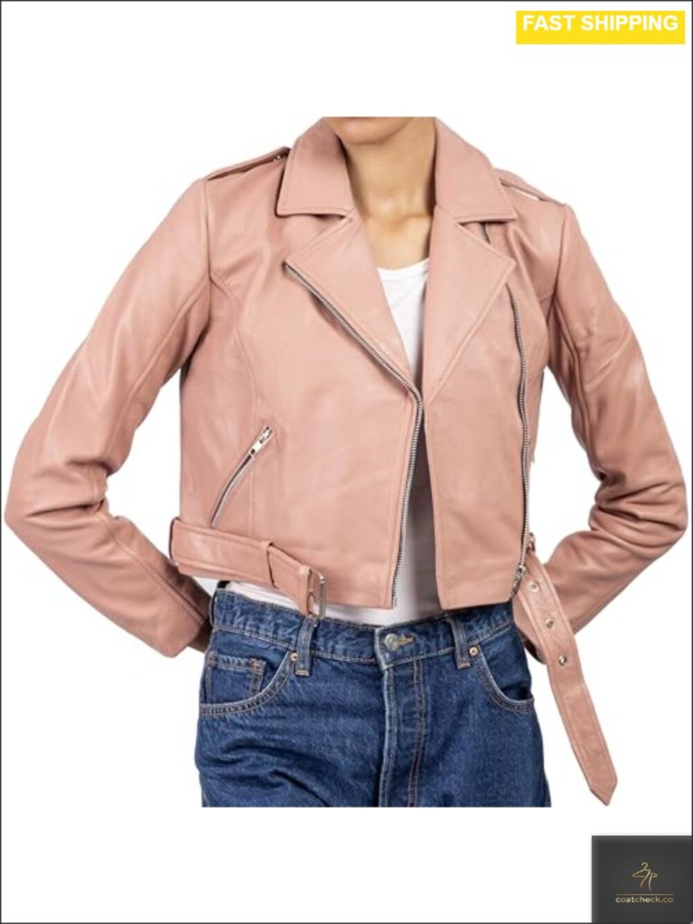 Cropped Real Leather Jacket Asymmetric Zip Moto Biker Short Coat with Belt